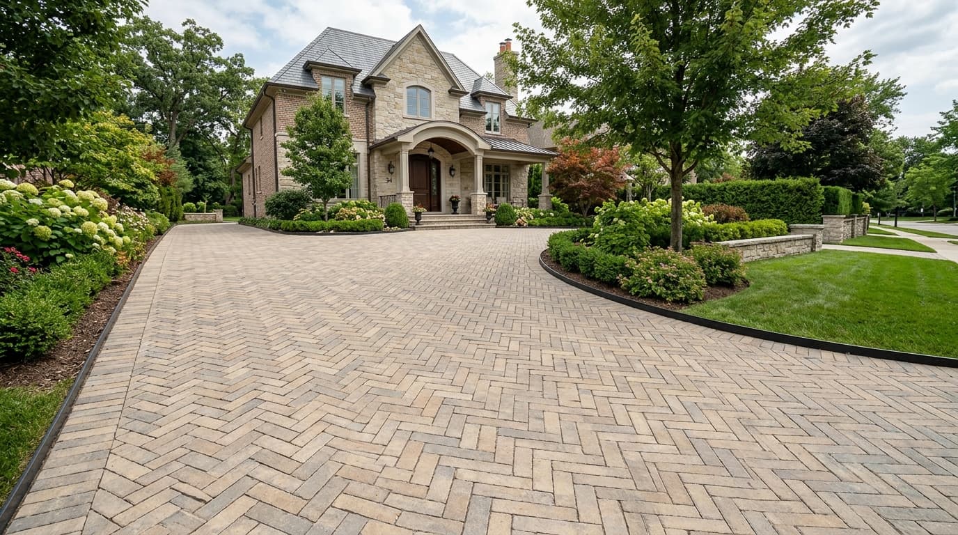 Completed paver driveway with banded borders