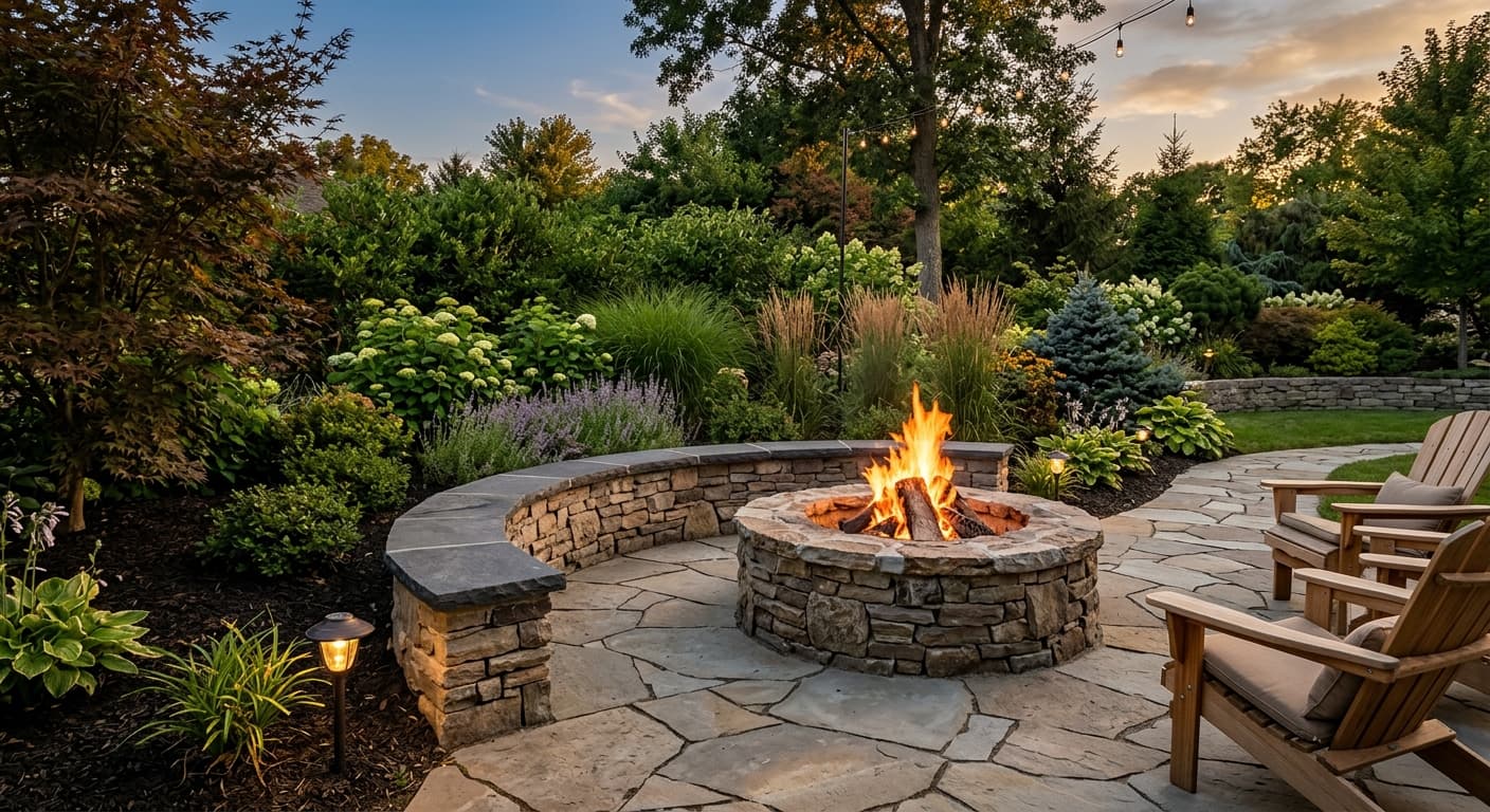 Stone fire pit integrated into paver patio