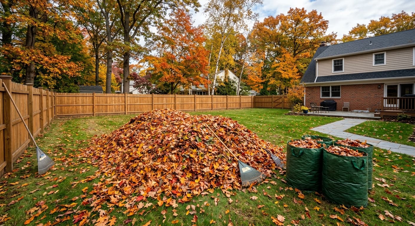 Crew clearing leaves from a lawn with collection truck nearby