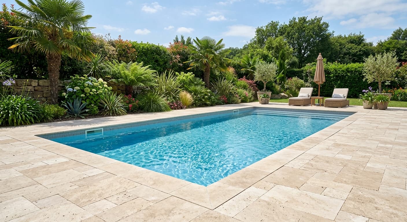 Travertine pool deck with coping and drainage