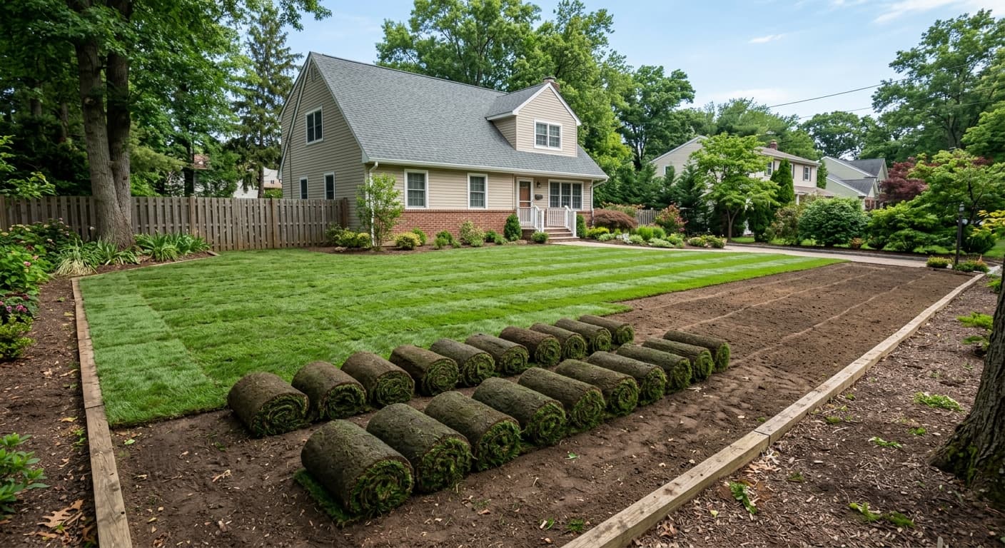 Fresh sod being installed on prepared soil