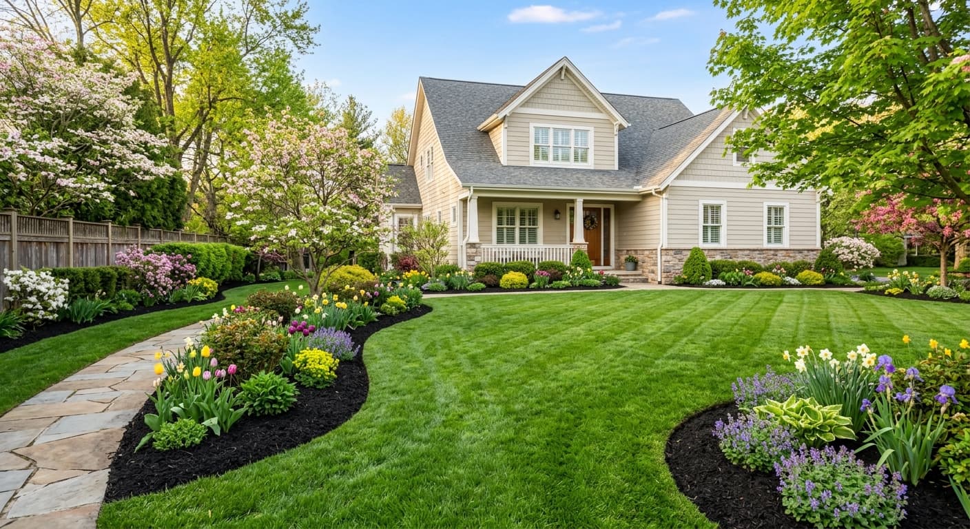 Freshly cleaned spring property with clean beds and edged lawn